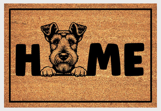 Airedale Terrier coir doormat #1 design detail with Home text