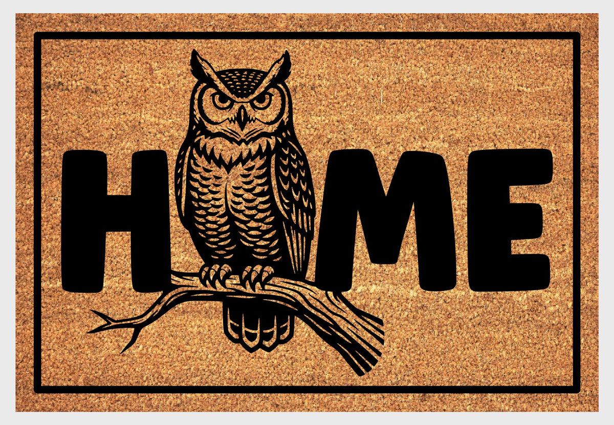 Great Horned Owl coir doormat #2 with home text natural fiber welcome mat