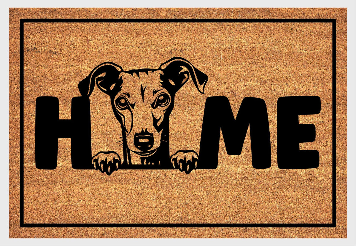 Italian Greyhound Iggy coir doormat #4 with home text natural fiber welcome mat