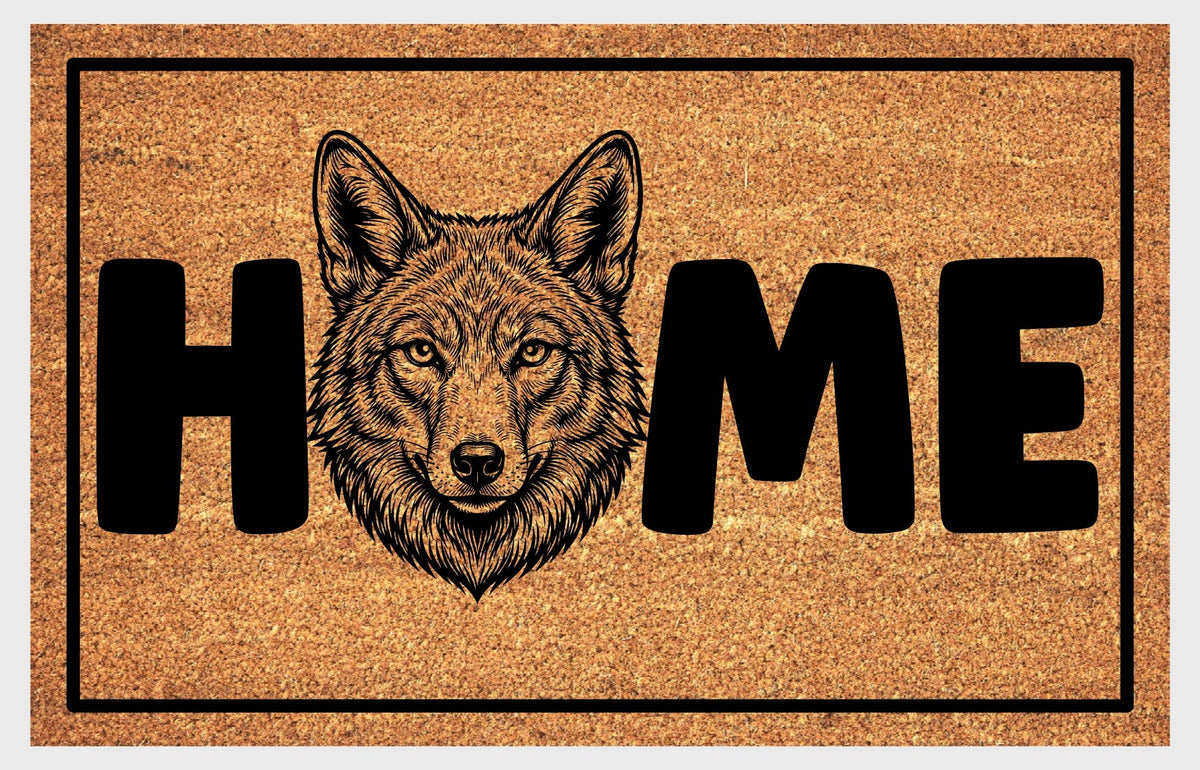 Close-up of Coyote coir doormat #5 showing textured natural coconut fiber surface and design detail