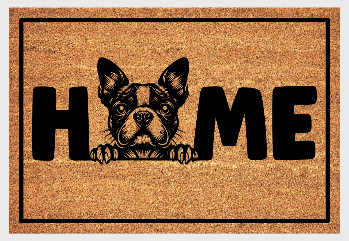Boston Terrier Doormat #4 flat lay — natural coir welcome mat with Boston Terrier illustration replacing the O in HOME