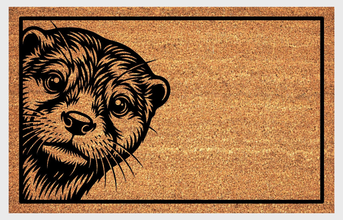 Otter Peeking Doormat #1, flat view of an Otter with rounded ears, expressive eyes and long whiskers on natural coir.