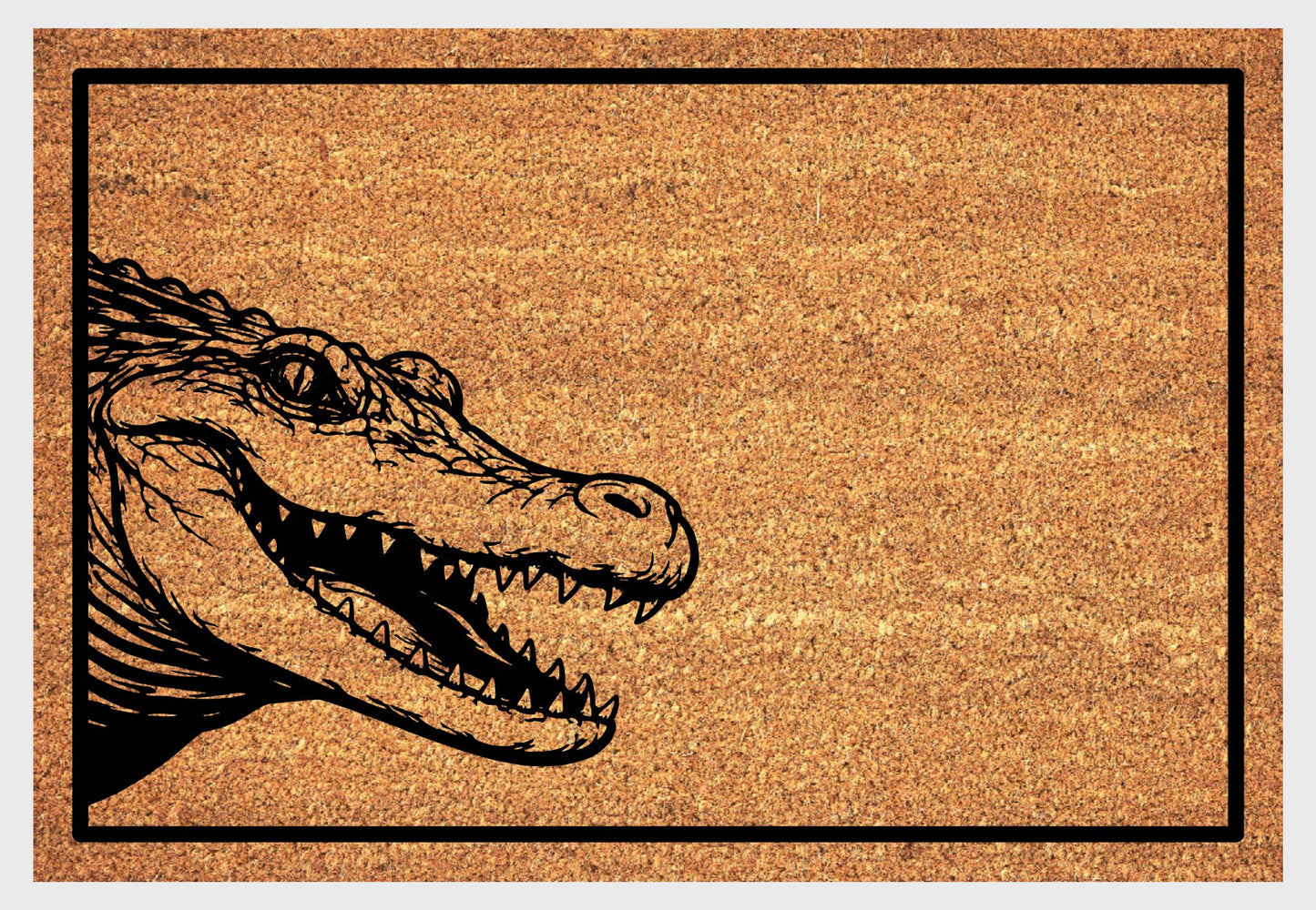 Crocodile peeking coir doormat close-up - durable natural fiber welcome mat with non-slip backing - wildlife entryway decor