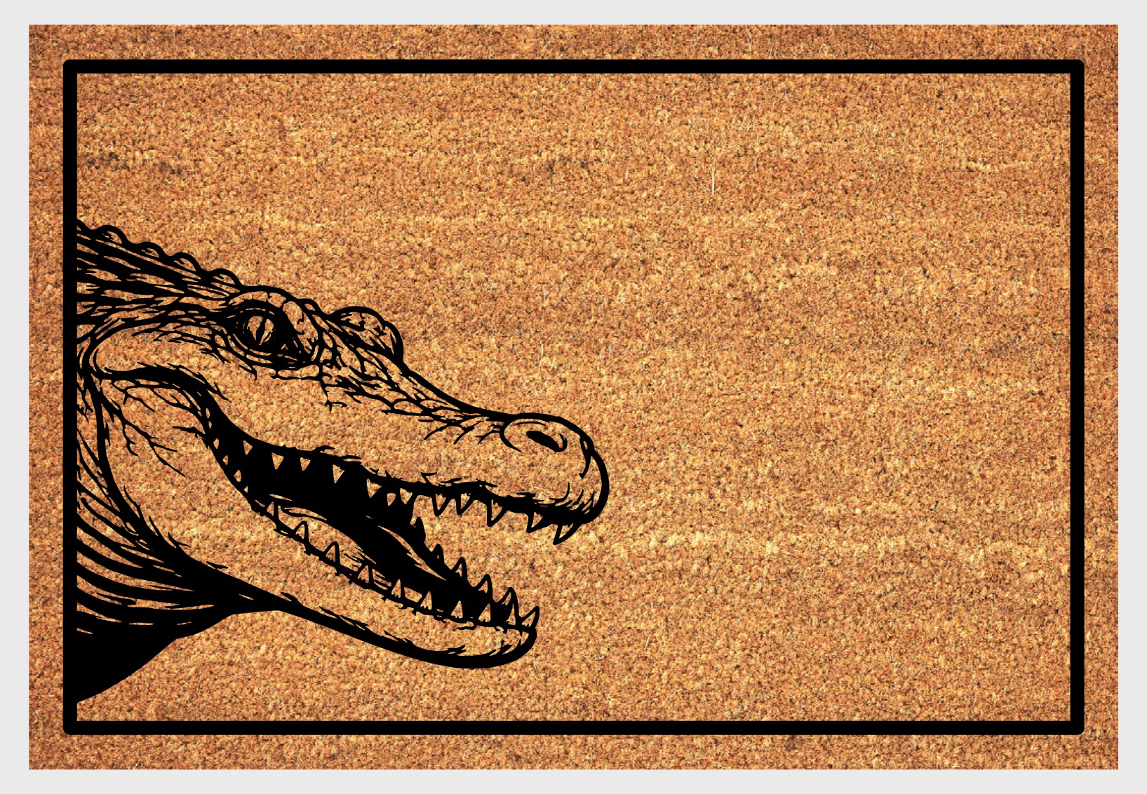Crocodile peeking coir doormat close-up - durable natural fiber welcome mat with non-slip backing - wildlife entryway decor