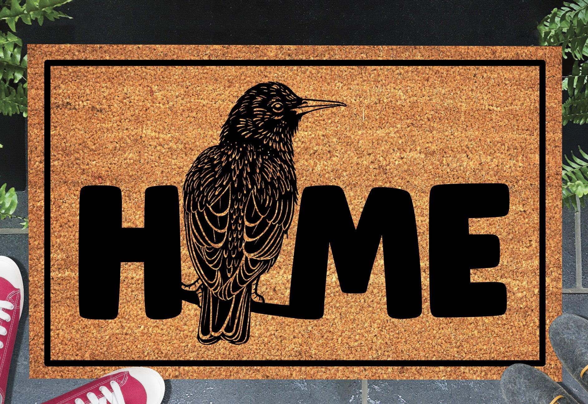 Starling bird doormat #1 with home text placed at front door entryway