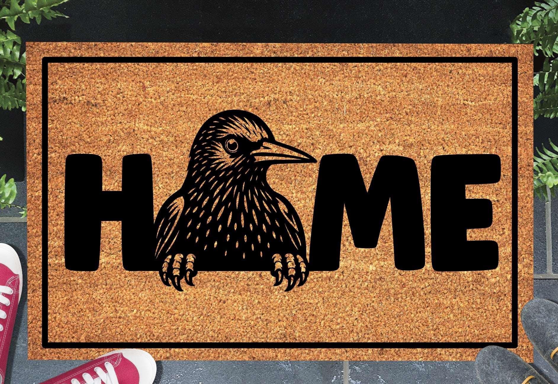 Starling bird doormat #2 with home text placed at front door entryway
