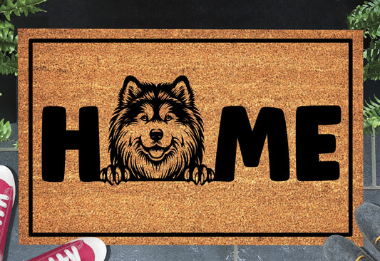 Alaskan Malamute doormat #1 on front porch entryway