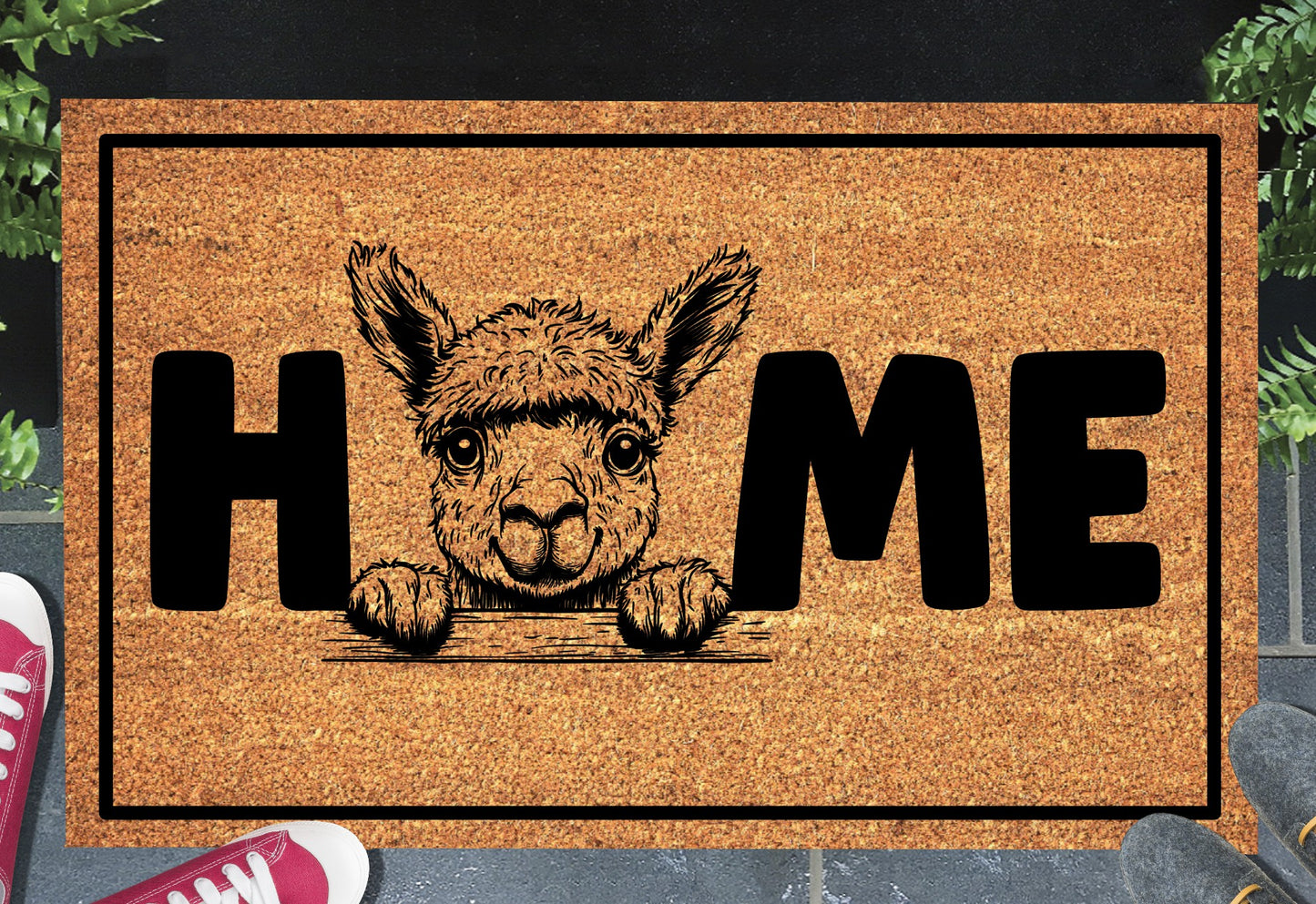 Alpaca doormat #1 with home text placed at front door entryway