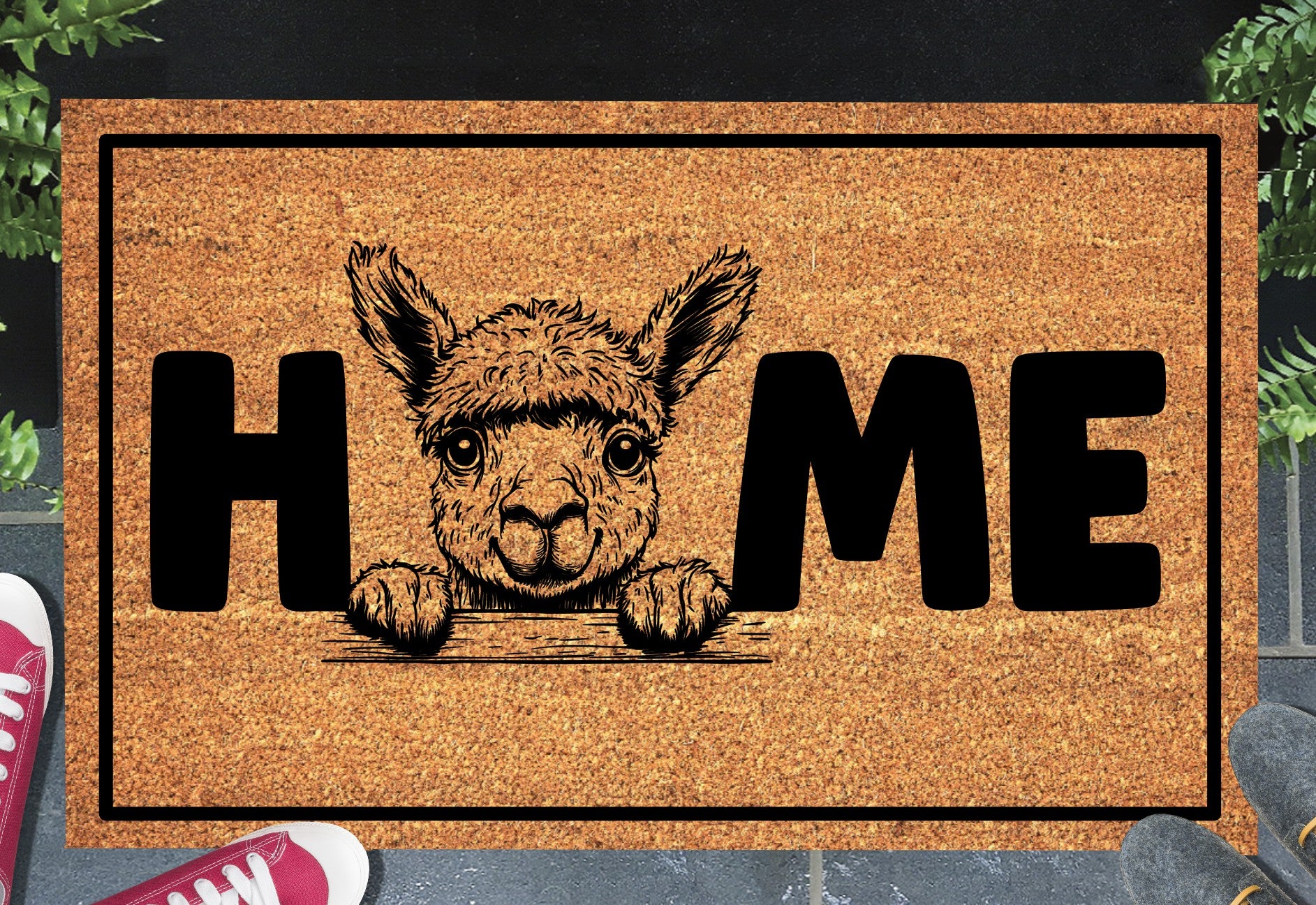 Alpaca doormat #1 with home text placed at front door entryway