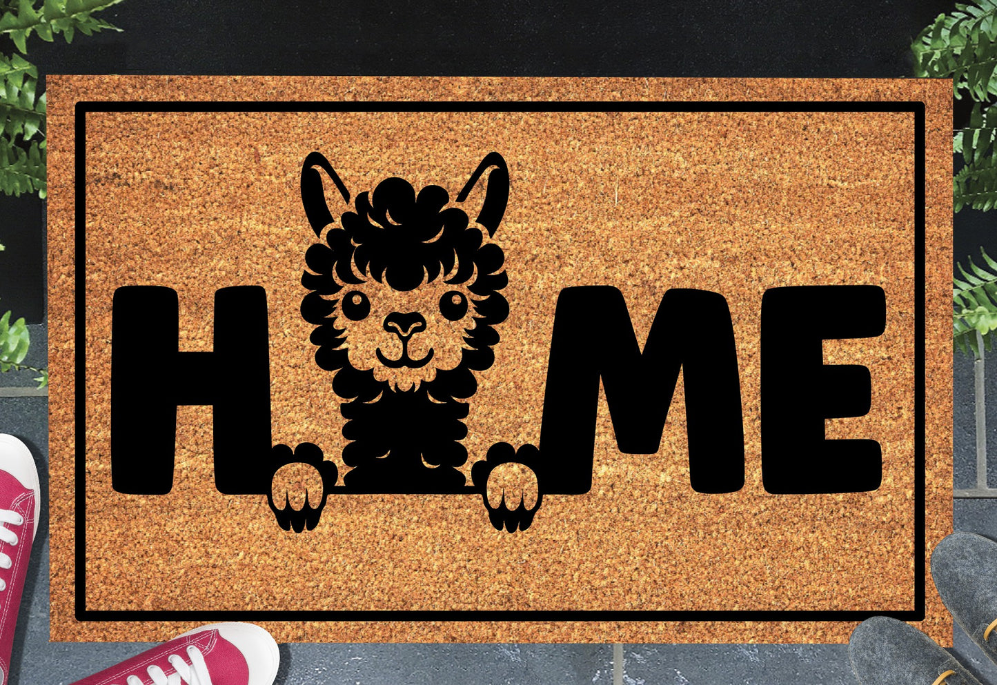 Alpaca doormat #2 with home text placed at front door entryway