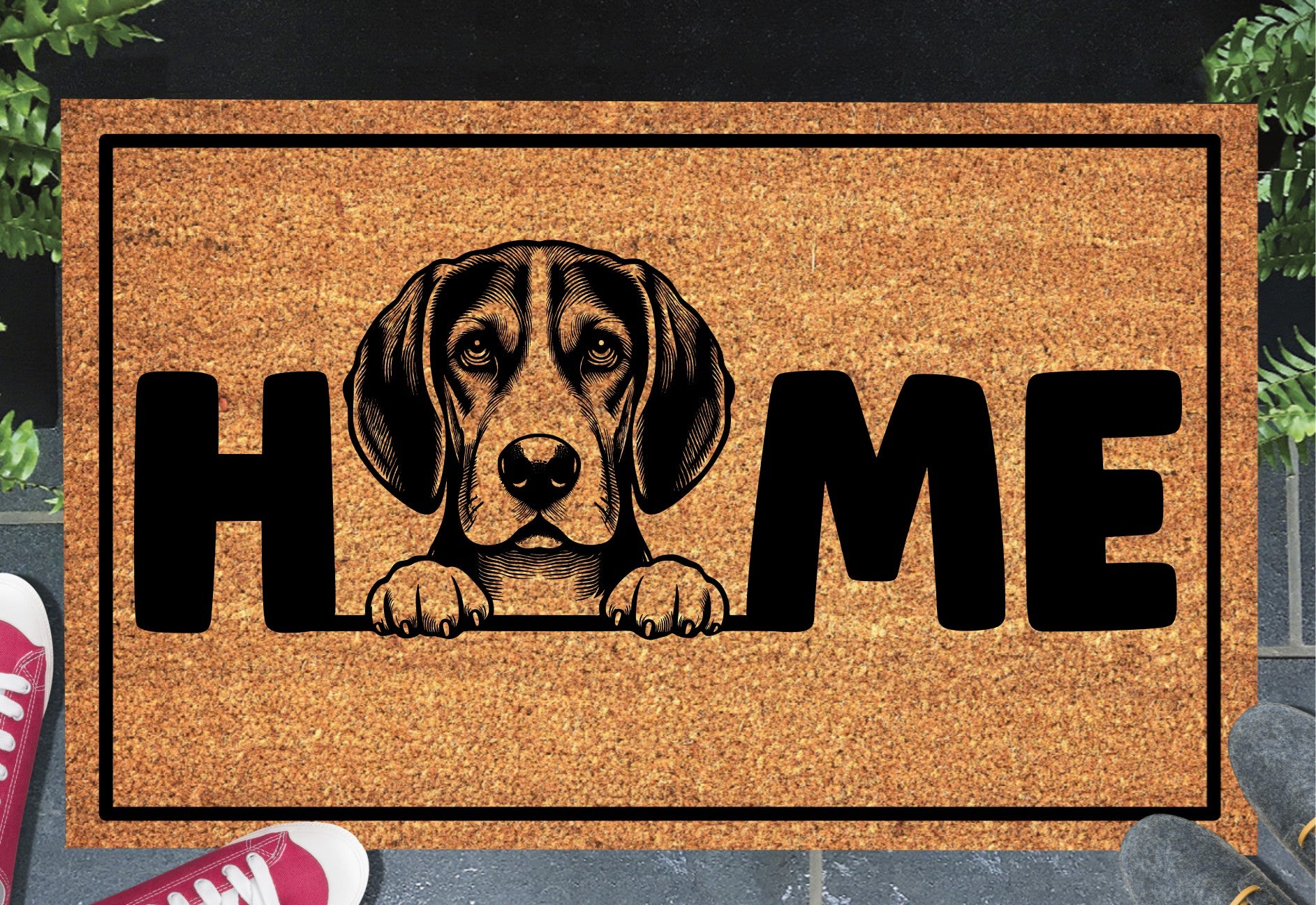 American English Coonhound doormat with HOME text - natural coir welcome mat with coonhound design - 3 sizes available