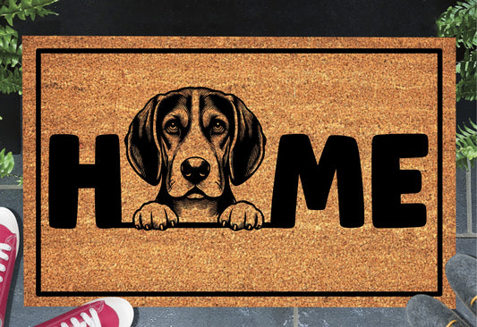 American English Coonhound doormat with HOME text - natural coir welcome mat with coonhound design - 3 sizes available