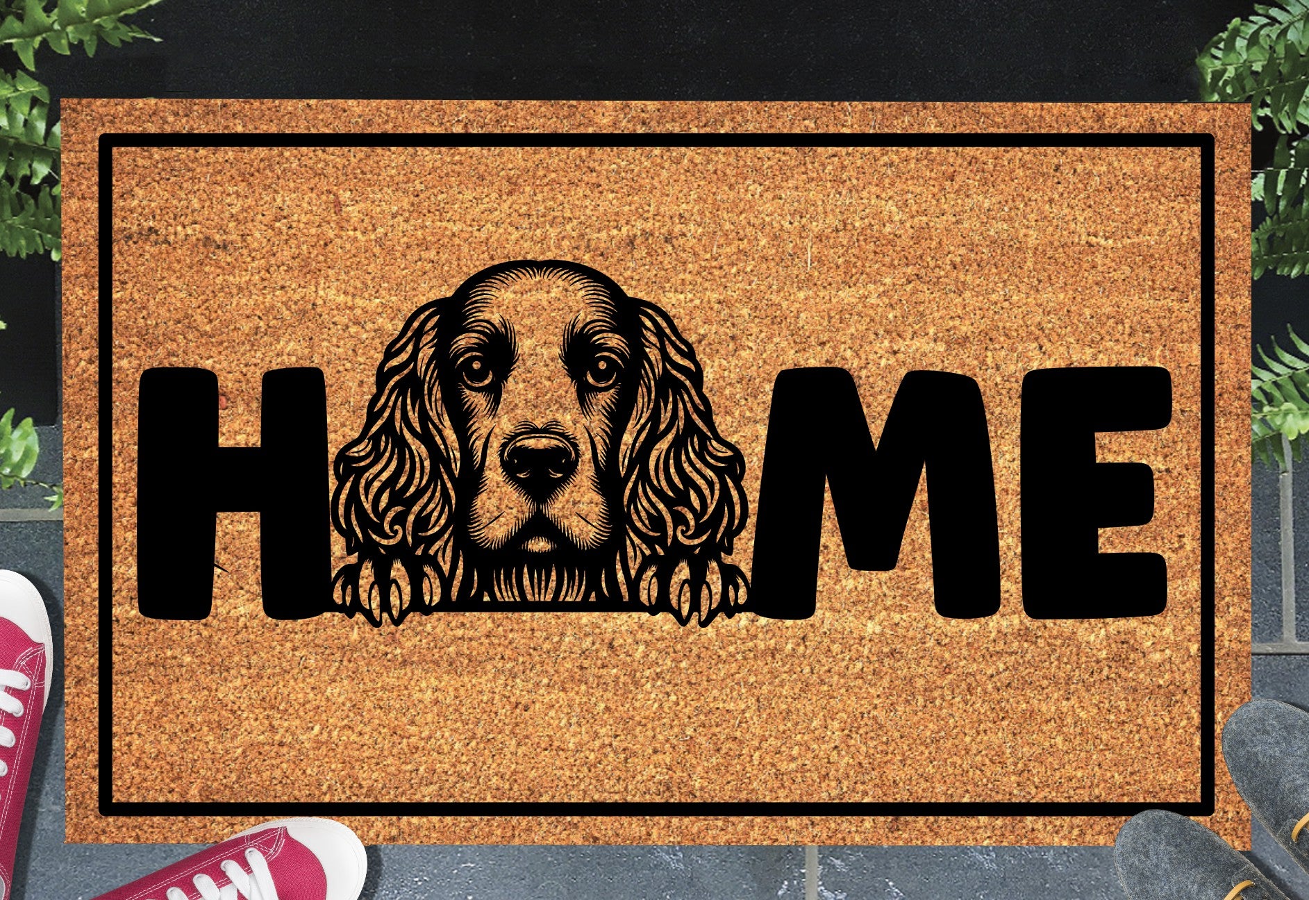 American Water Spaniel doormat with HOME text - natural coir welcome mat with AWS dog design - 3 sizes available