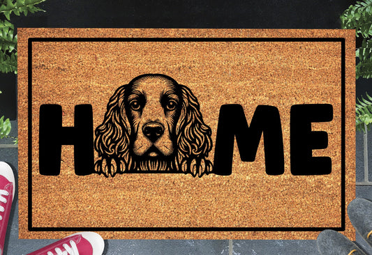 American Water Spaniel doormat with HOME text - natural coir welcome mat with AWS dog design - 3 sizes available