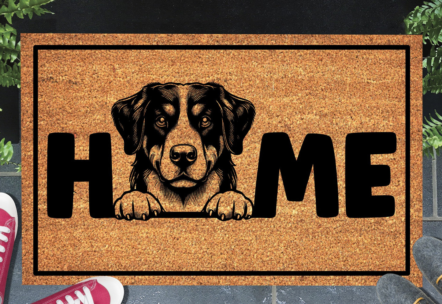 Appenzeller Sennenhund doormat with HOME text - natural coir welcome mat with Swiss dog design - 3 sizes available