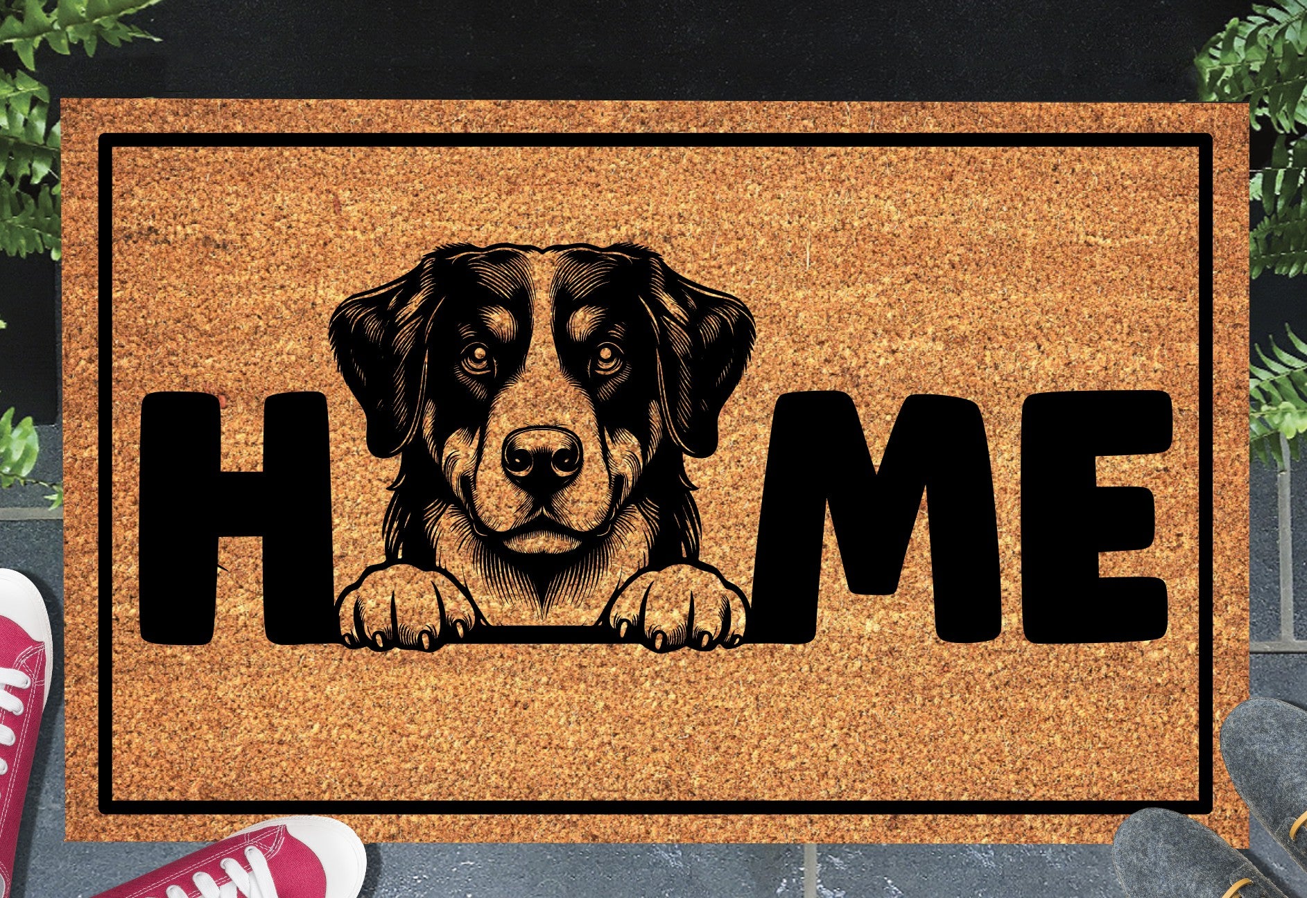 Appenzeller Sennenhund doormat with HOME text - natural coir welcome mat with Swiss dog design - 3 sizes available