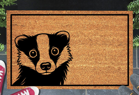 Peeking Badger doormat #1 with badger peeping over edge placed at front door entryway