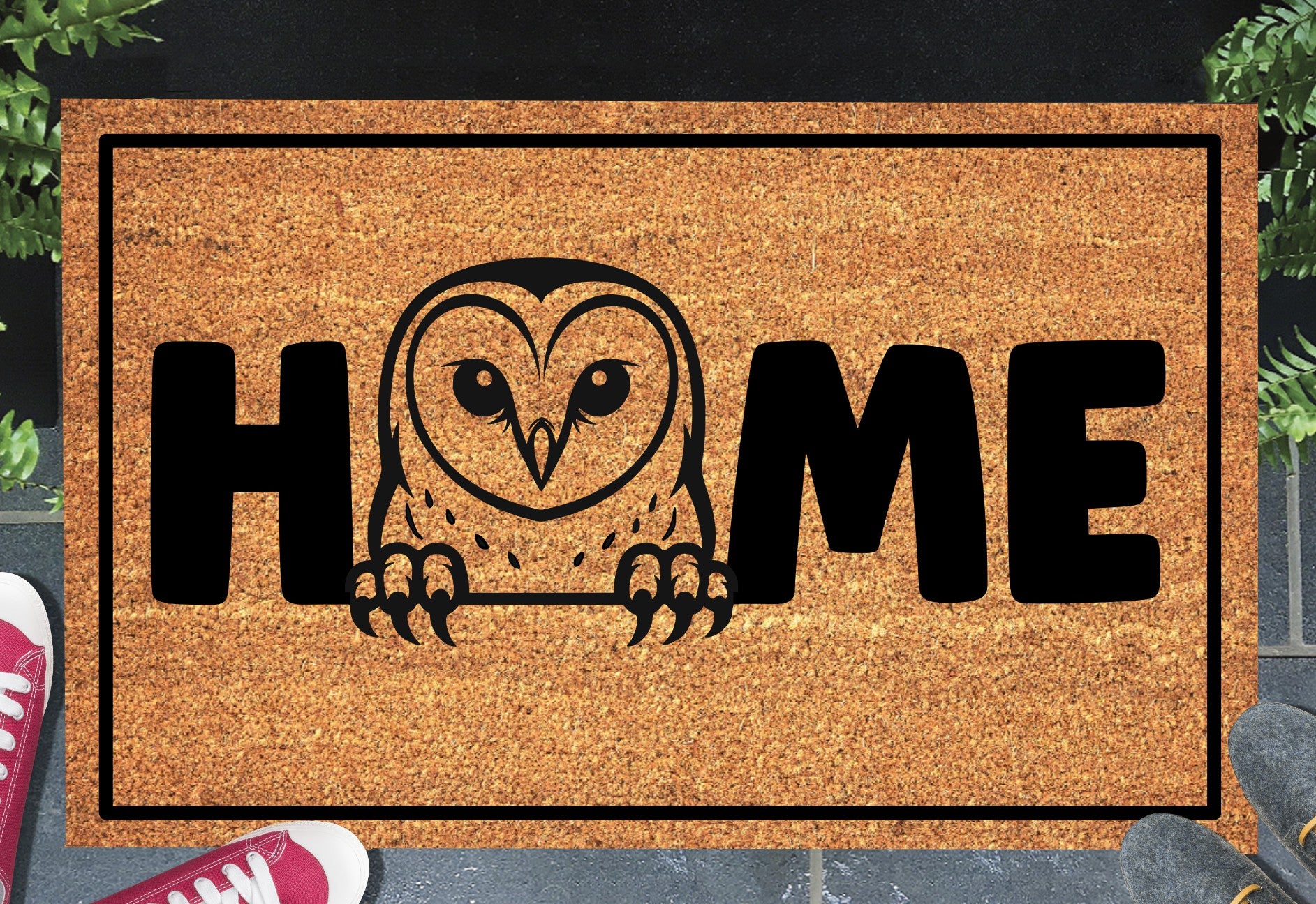 Barn Owl doormat #1 on front porch entryway with HOME text