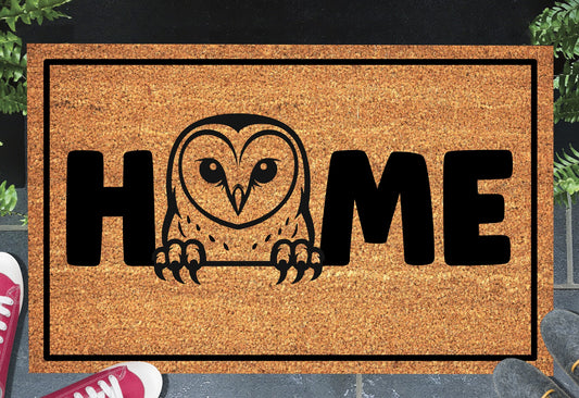 Barn Owl doormat #1 on front porch entryway with HOME text