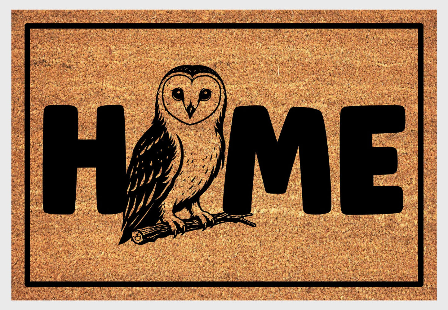 Barn owl coir doormat #2 with bird design and HOME lettering