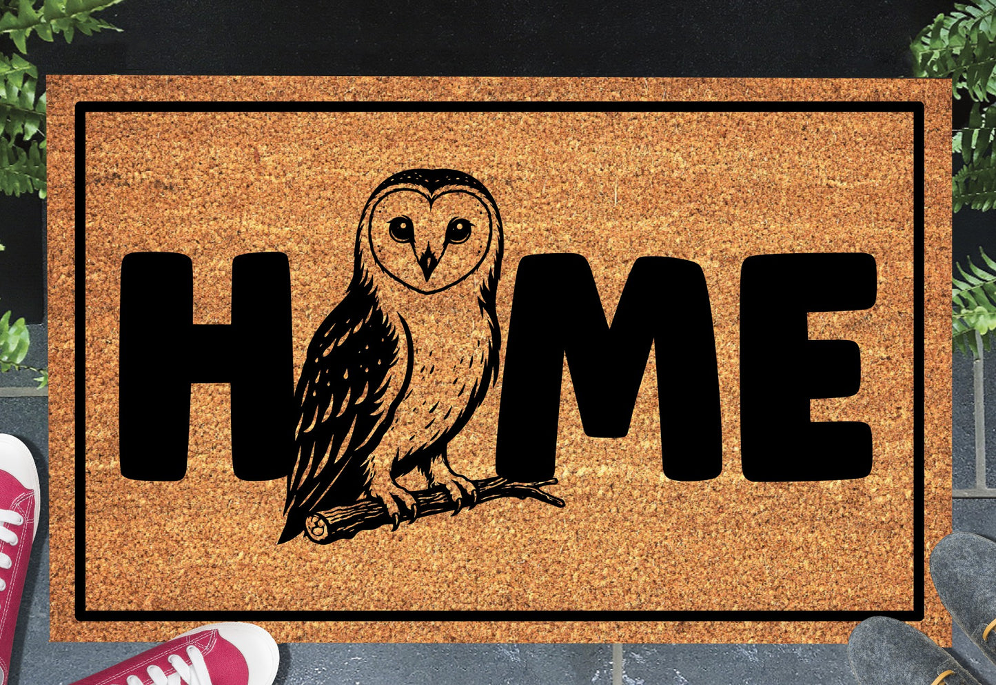 Barn owl doormat #2 on front porch entryway with HOME text
