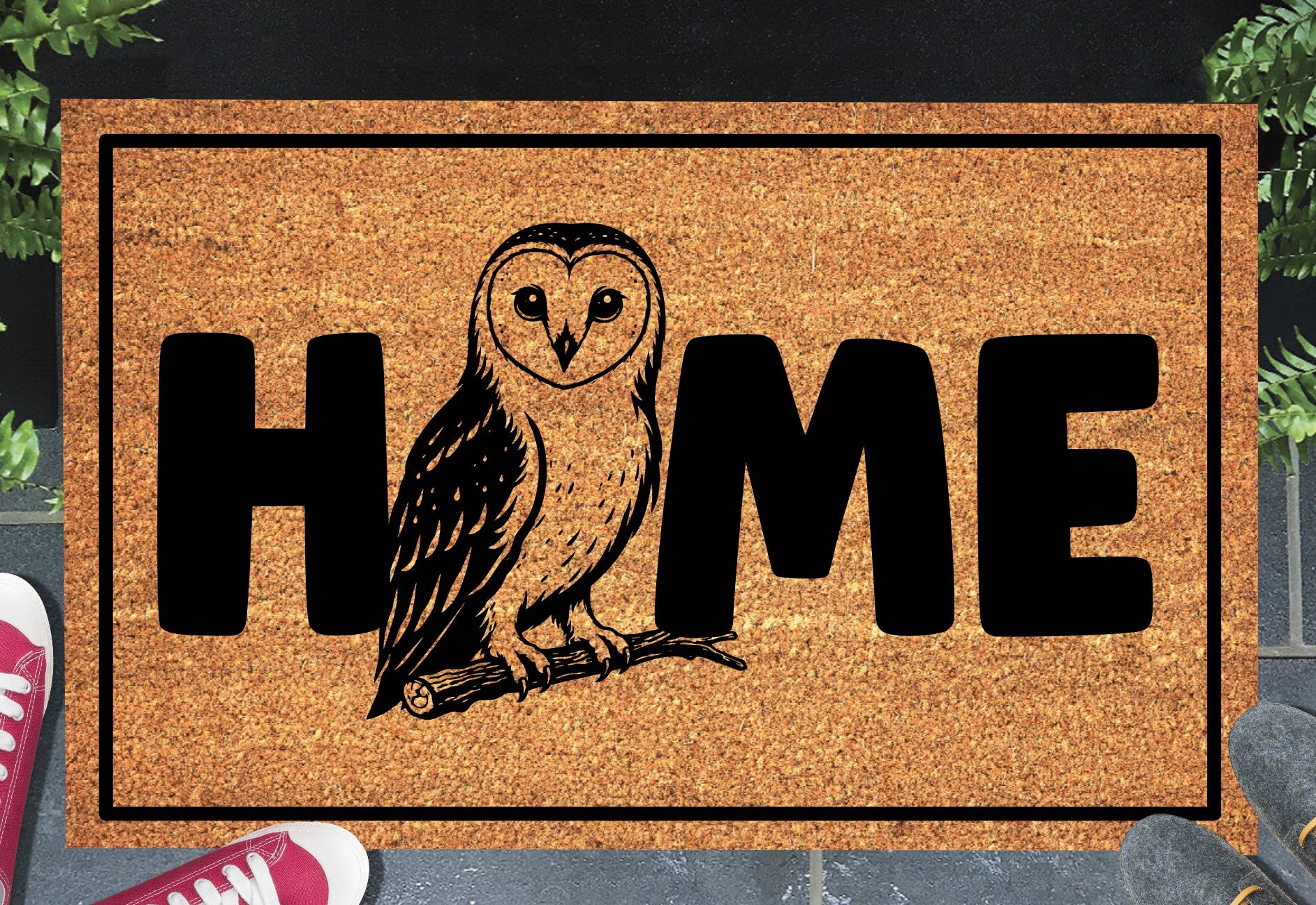 Barn owl doormat #2 on front porch entryway with HOME text