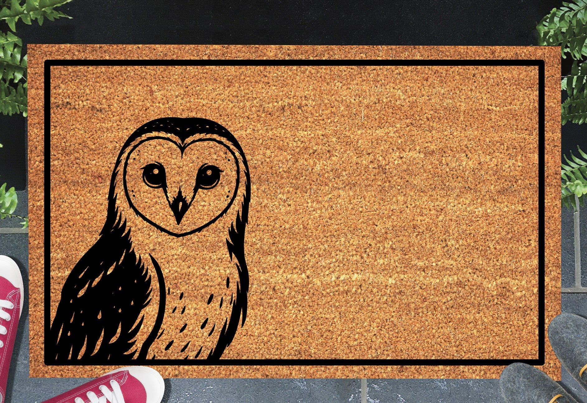 Barn owl doormat #1 on front porch entryway