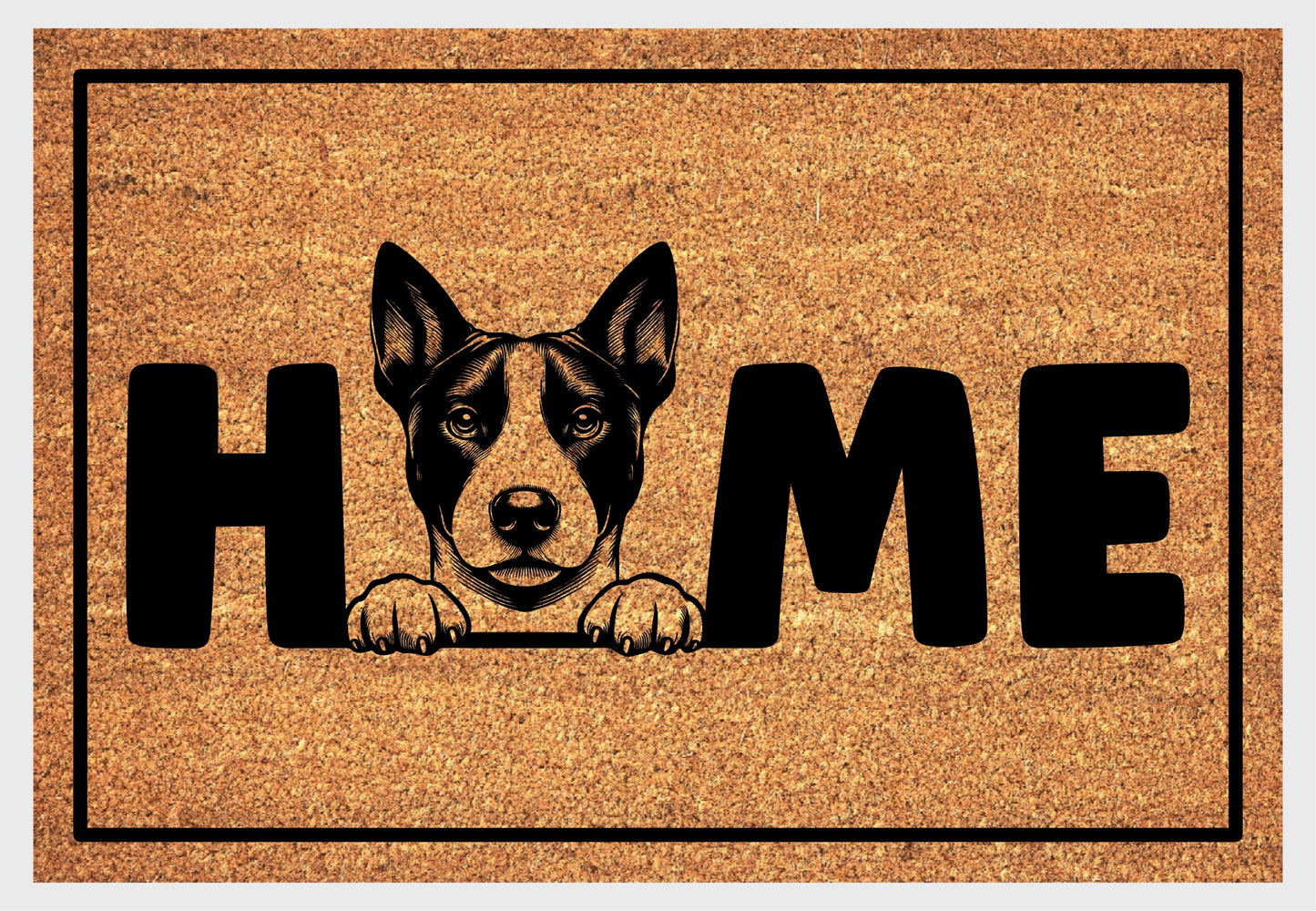 Basenji coir doormat #1 with dog design and HOME lettering