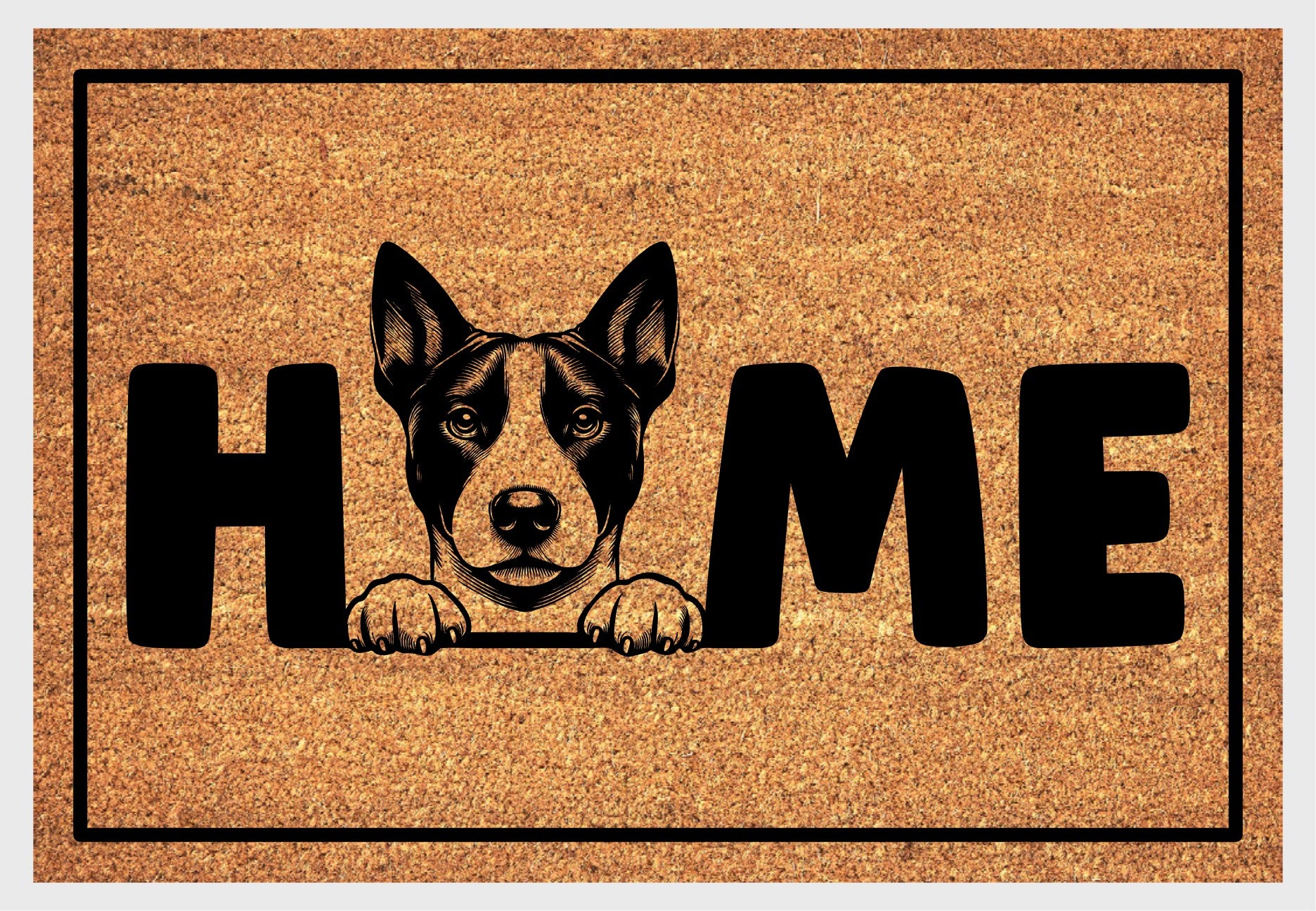 Basenji coir doormat #1 with dog design and HOME lettering