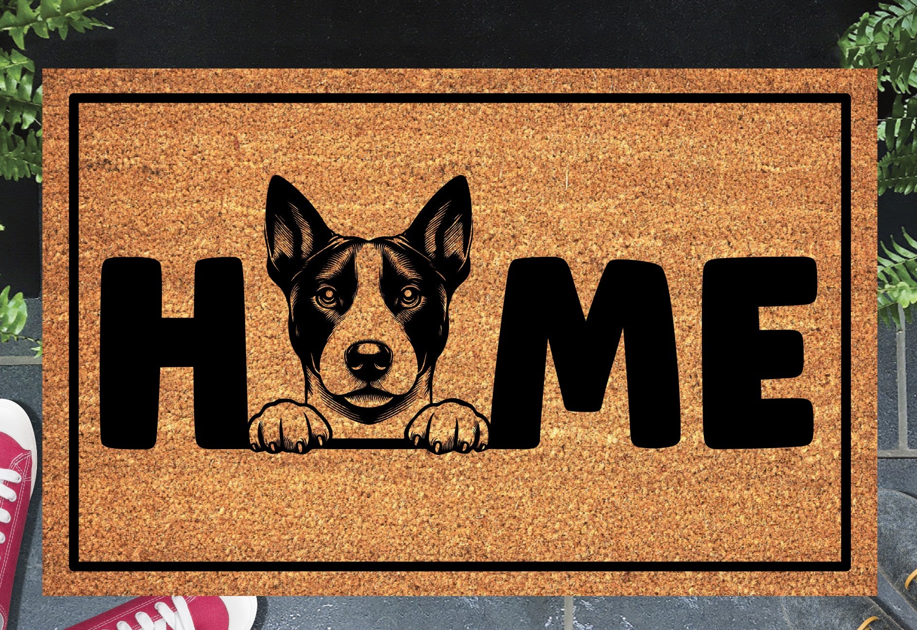 Basenji doormat #1 on front porch entryway with HOME text