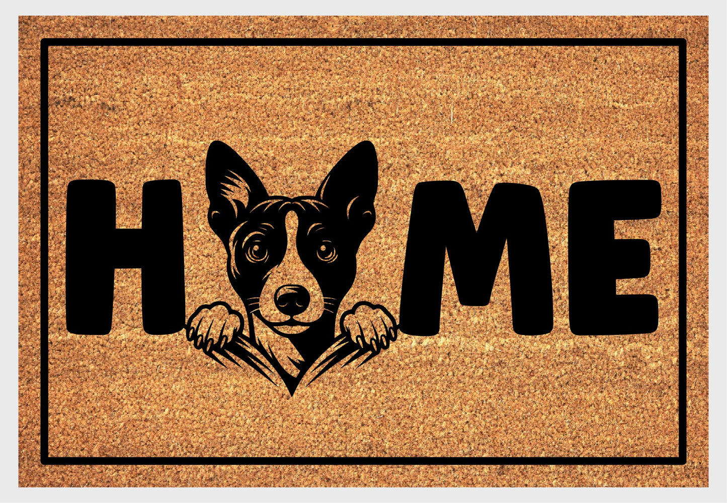 Basenji coir doormat #2 with dog design and HOME lettering