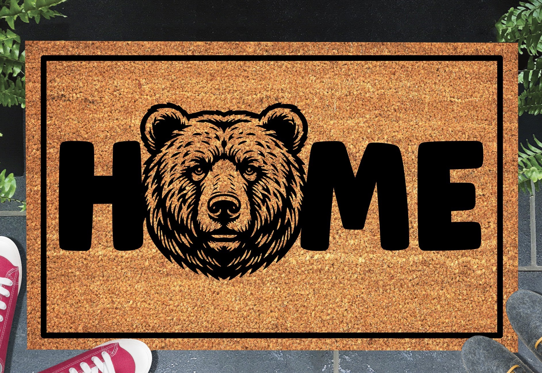 Bear doormat #1 with home text placed at front door entryway