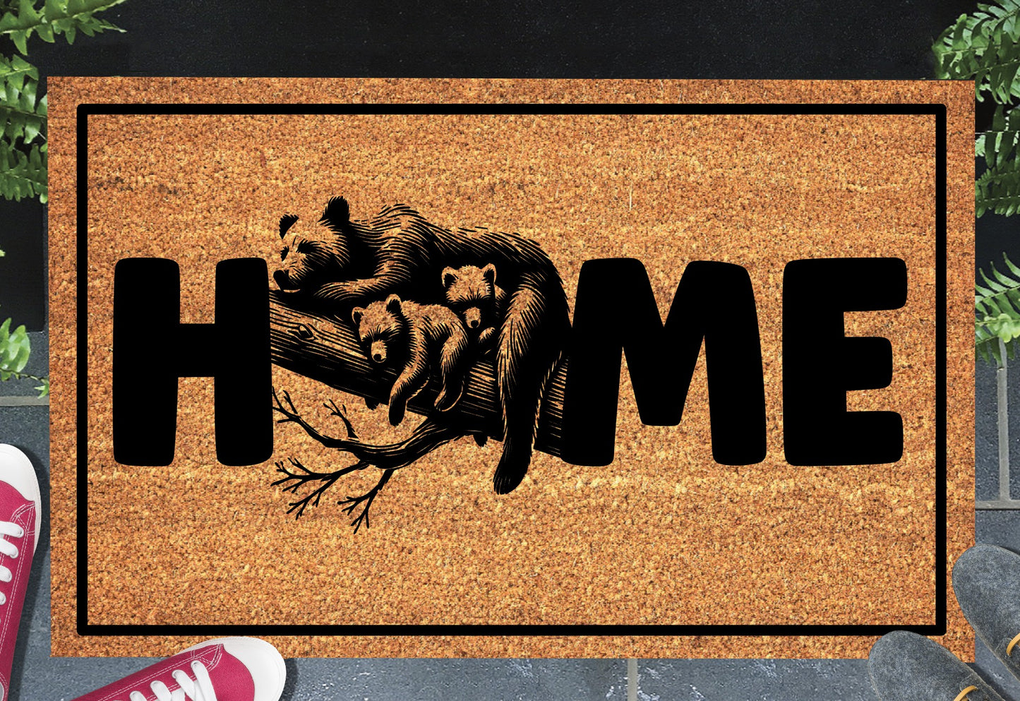 Mama Bear doormat #2 with cubs and home text placed at front door entryway