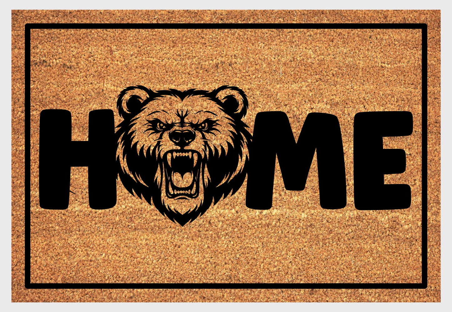 Grizzly bear coir doormat close-up - intense bear design with durable natural fiber and non-slip backing - wilderness entryway decor