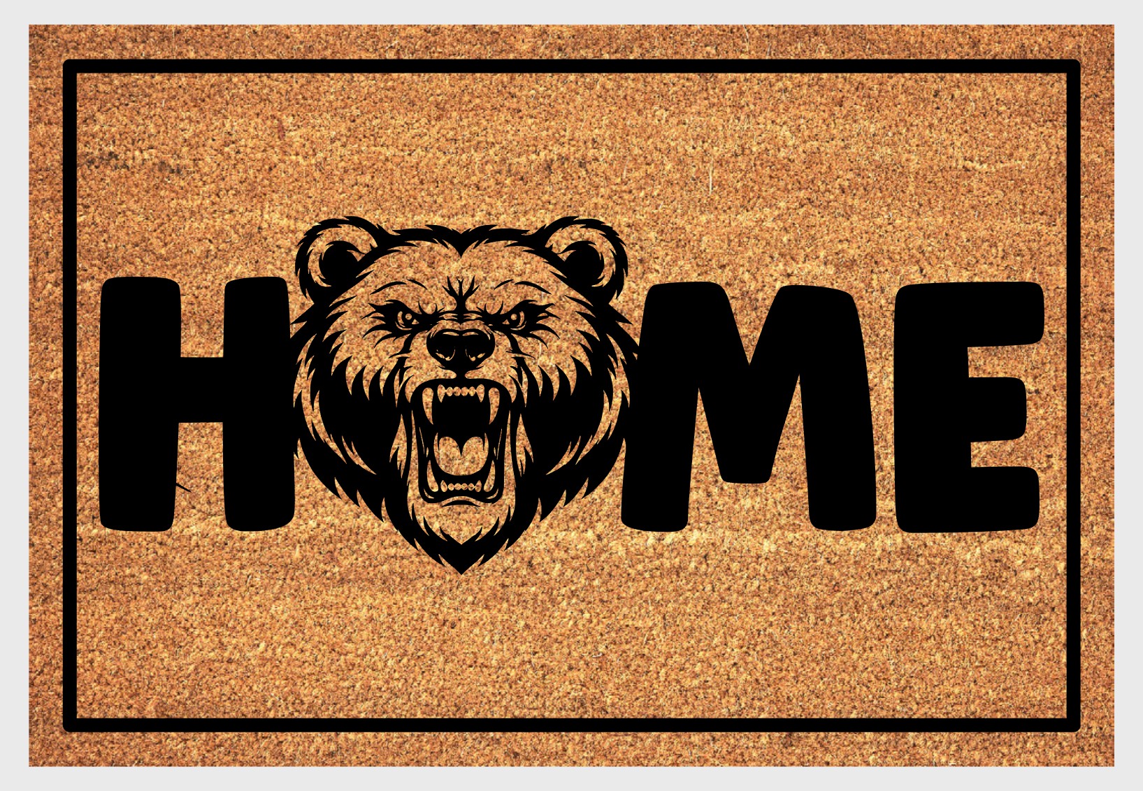 Grizzly bear coir doormat close-up - intense bear design with durable natural fiber and non-slip backing - wilderness entryway decor
