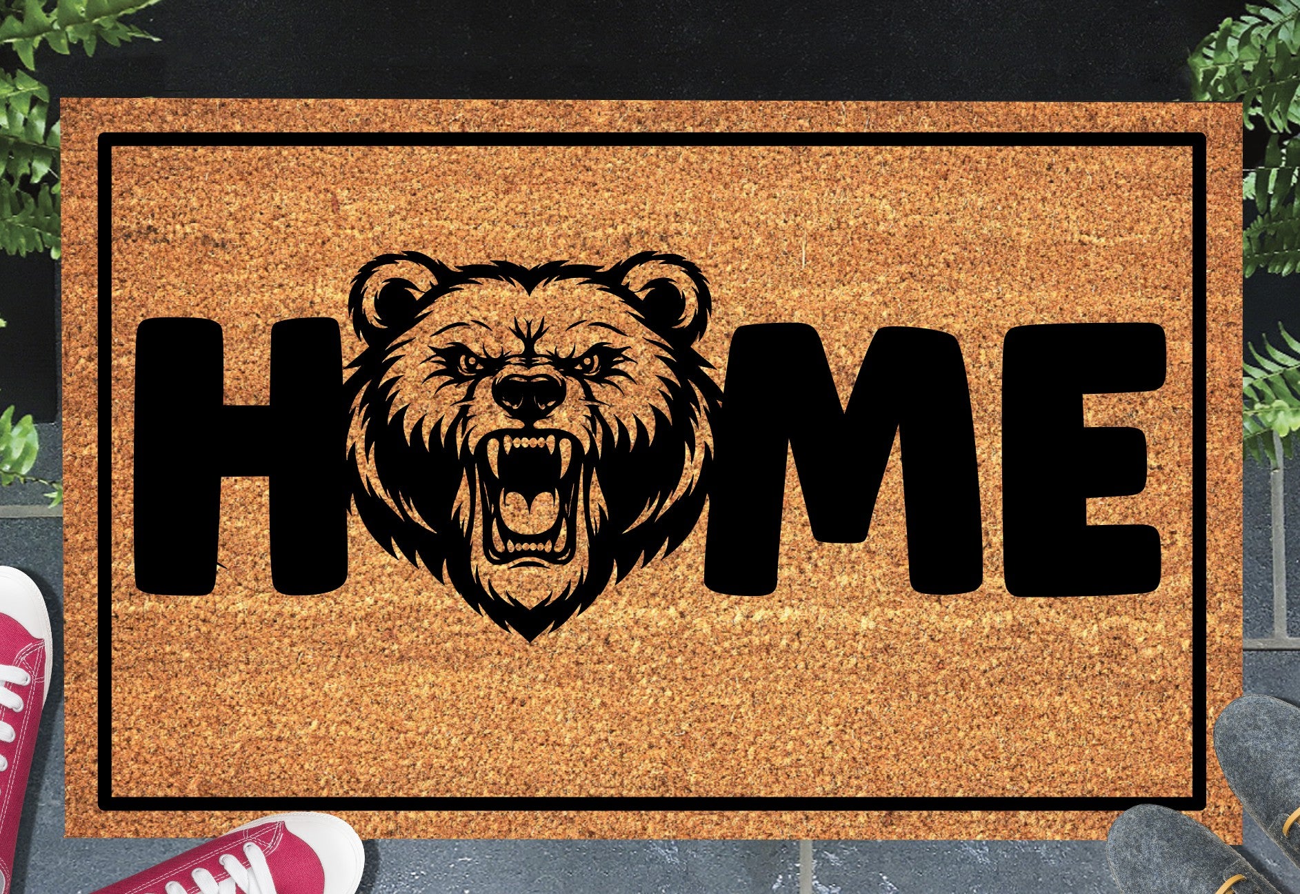 Grizzly bear doormat with HOME text - fierce bear design on natural coir welcome mat - 3 sizes available