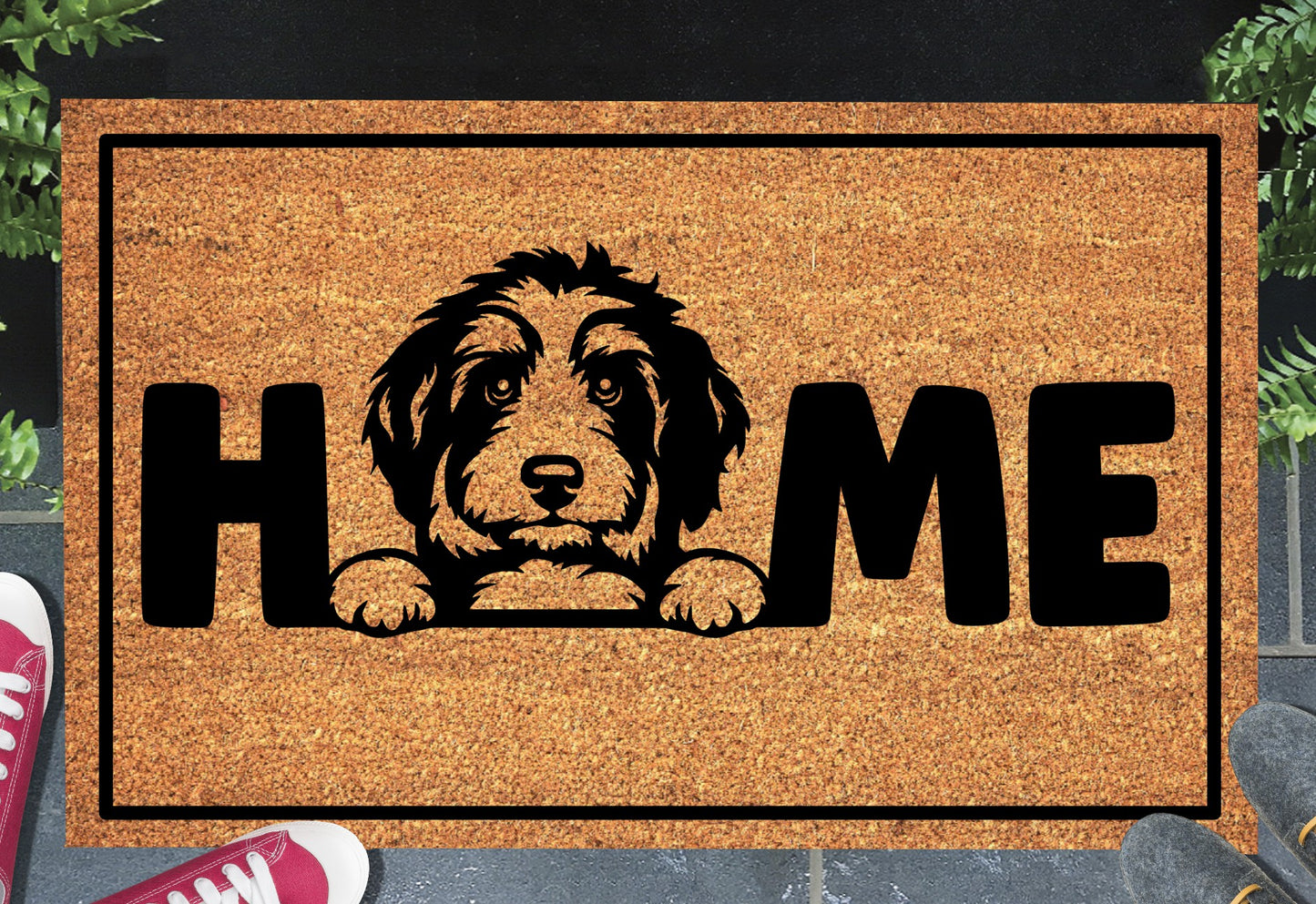Bernedoodle doormat #1 with home text placed at front door entryway