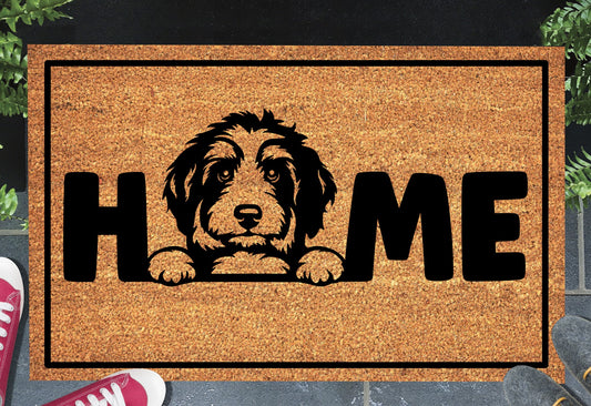Bernedoodle doormat #1 with home text placed at front door entryway
