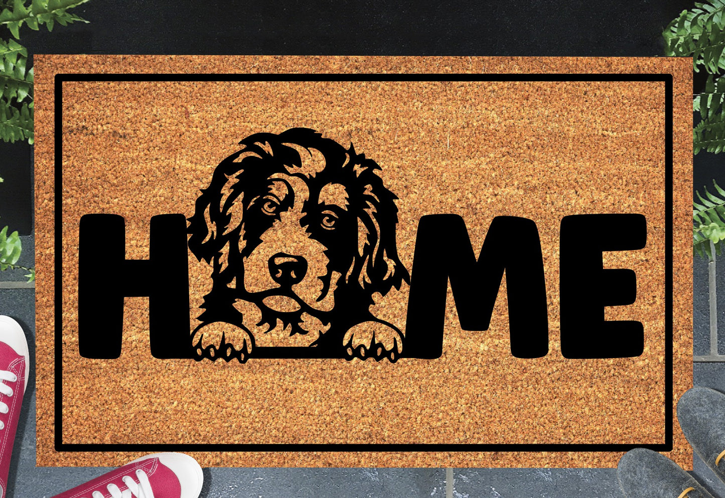 Bernedoodle doormat #2 with home text placed at front door entryway