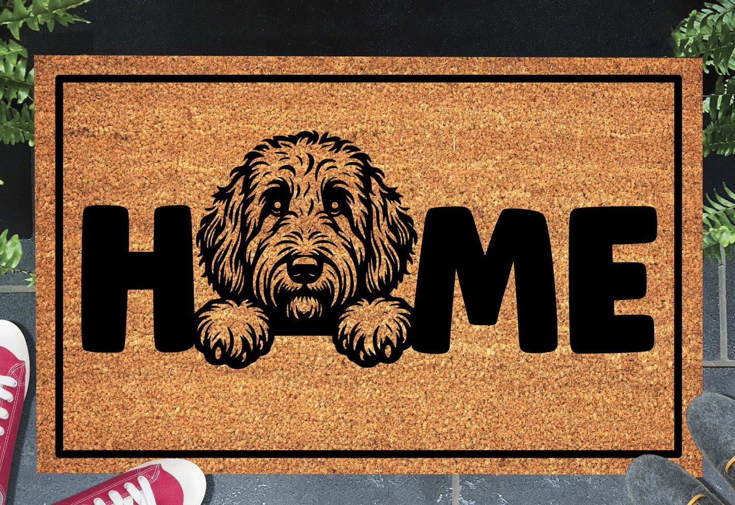 Bernedoodle doormat #3 with home text placed at front door entryway