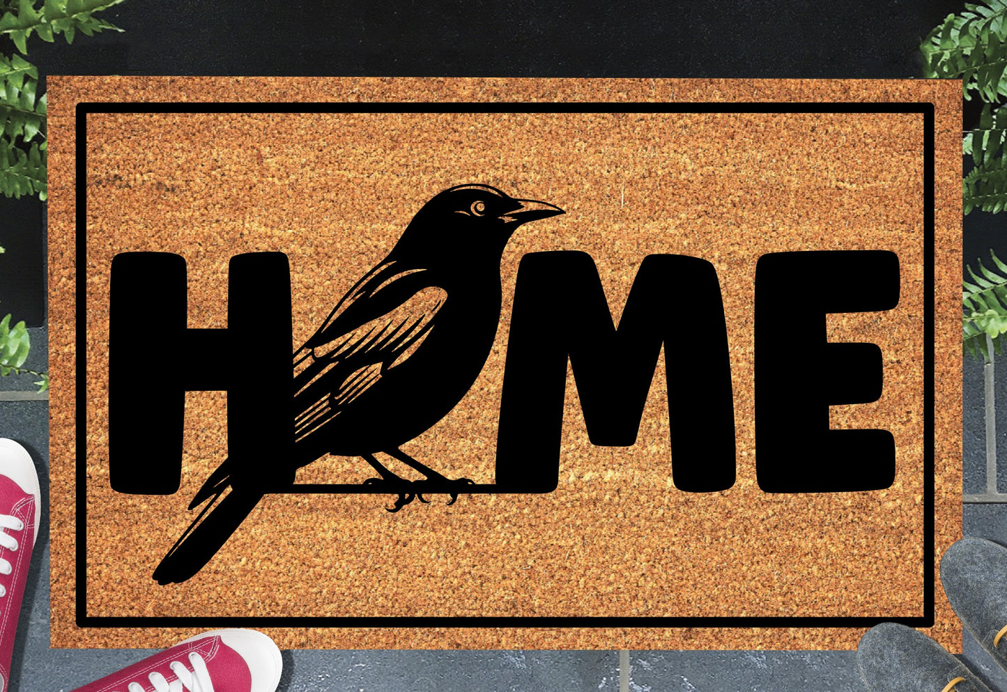 Blackbird doormat #1 with home text placed at front door entryway
