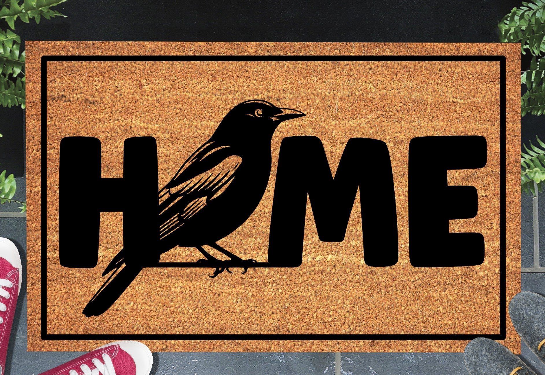 Blackbird doormat #1 with home text placed at front door entryway