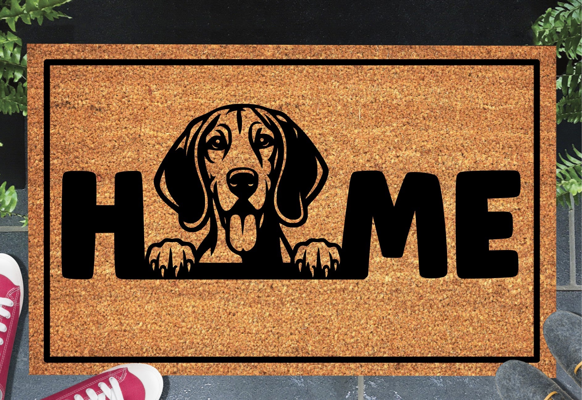 Black and Tan Coonhound doormat with HOME text - natural coir welcome mat with coonhound design - 3 sizes available