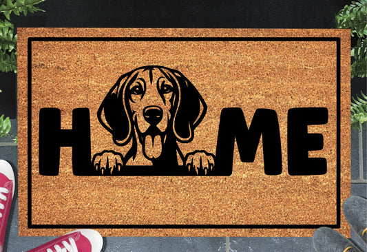 Black and Tan Coonhound doormat with HOME text - natural coir welcome mat with coonhound design - 3 sizes available