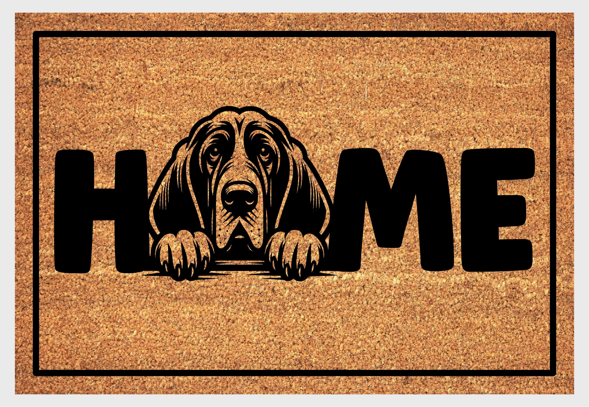 Bloodhound coir doormat close-up - durable natural fiber welcome mat with non-slip backing - dog breed entryway decor