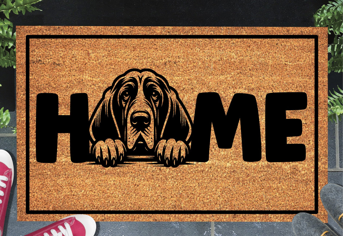 Bloodhound doormat with HOME text - natural coir welcome mat with Bloodhound dog design - 3 sizes available
