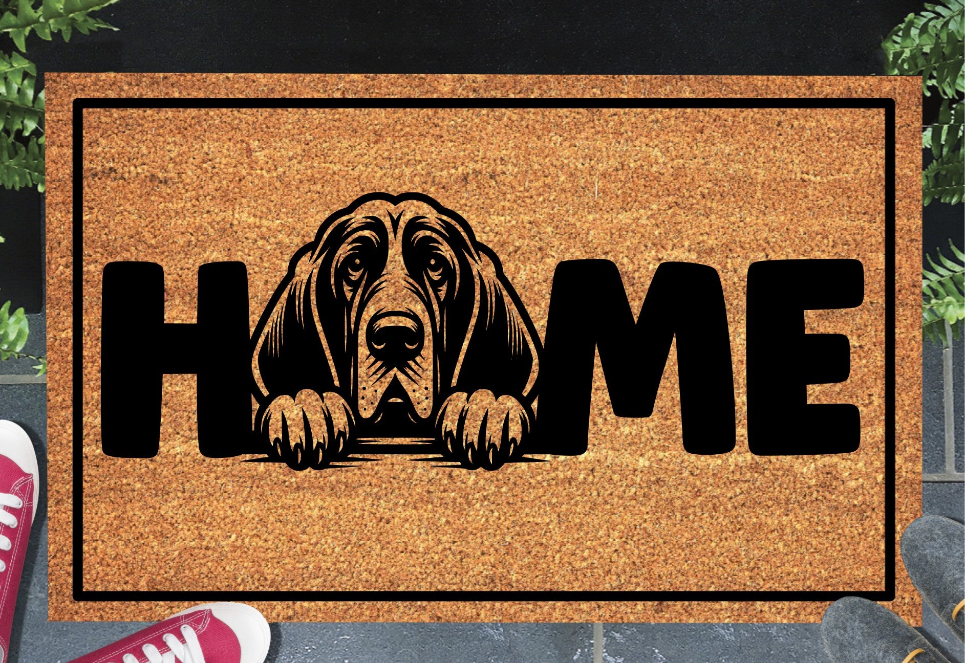 Bloodhound doormat with HOME text - natural coir welcome mat with Bloodhound dog design - 3 sizes available