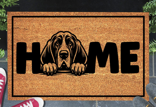 Bloodhound doormat with HOME text - natural coir welcome mat with Bloodhound dog design - 3 sizes available