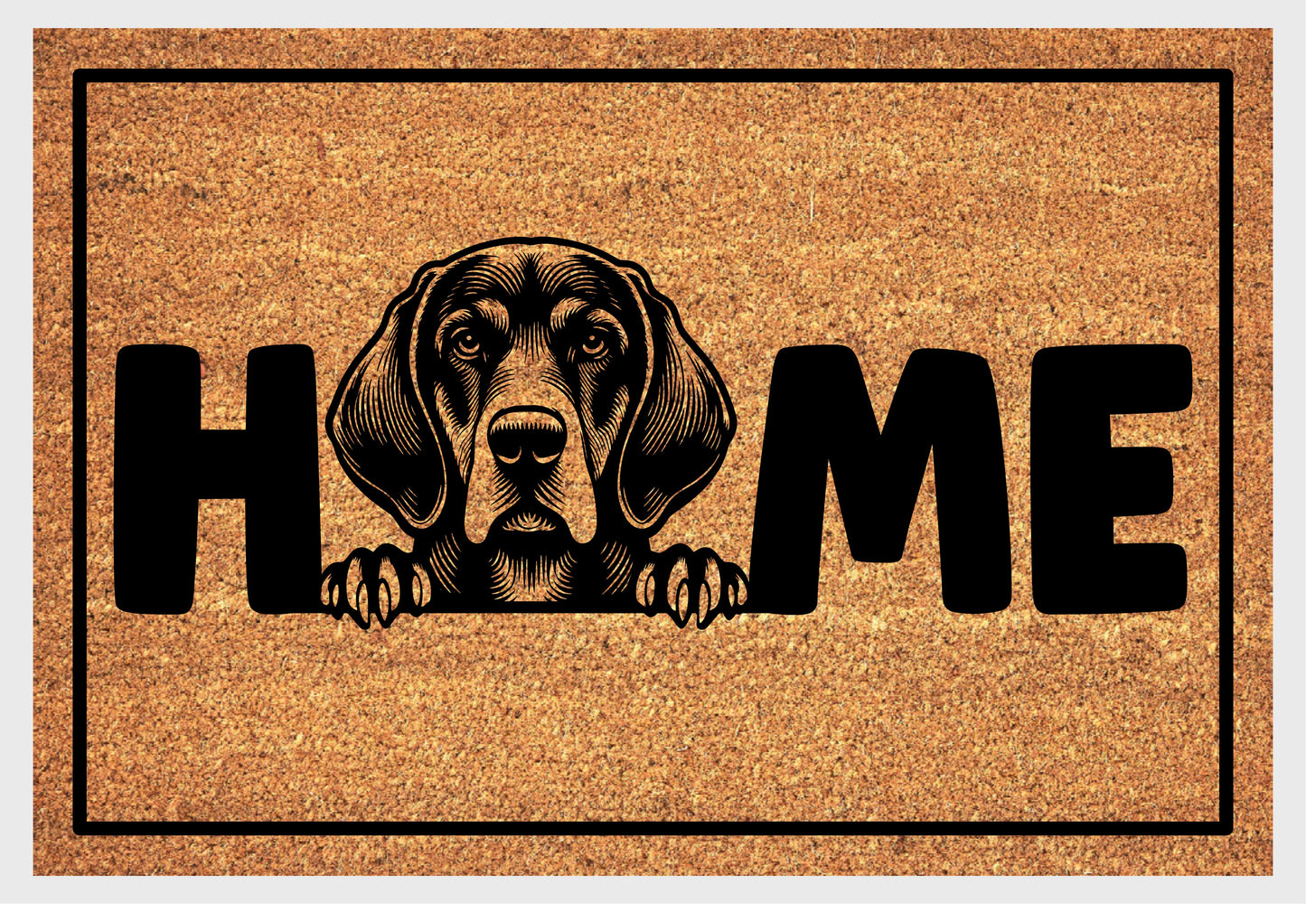 Bluetick Coonhound coir doormat close-up - durable natural fiber welcome mat with non-slip backing - dog breed entryway decor