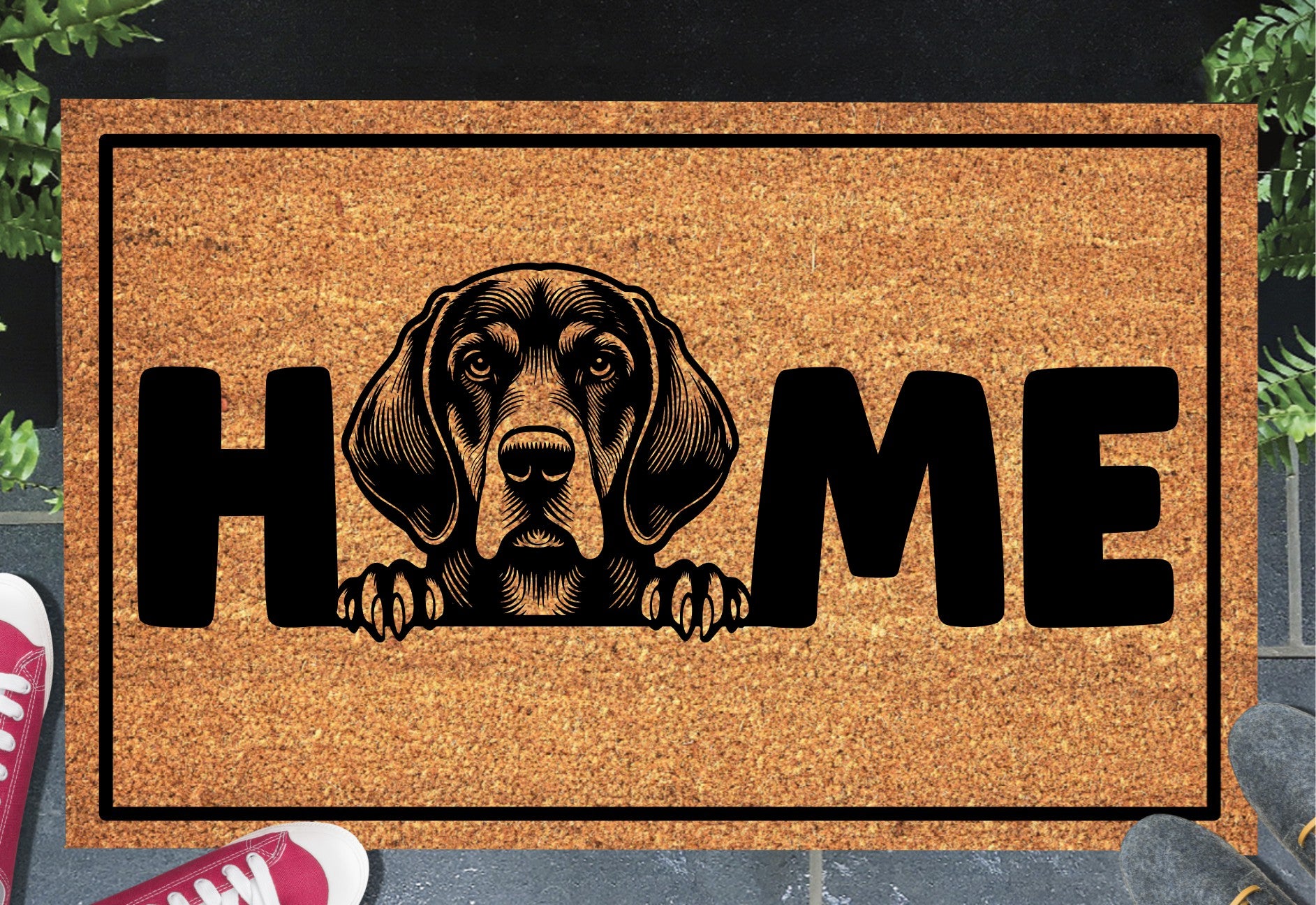 Bluetick Coonhound doormat with HOME text - natural coir welcome mat with Bluetick Coonhound design - 3 sizes available